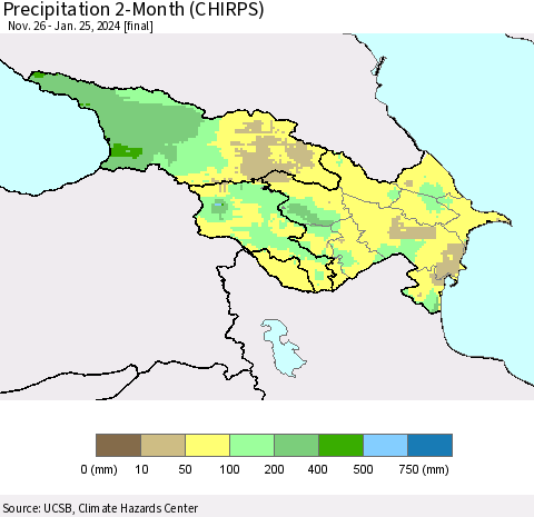 Azerbaijan, Armenia and Georgia Precipitation 2-Month (CHIRPS) Thematic Map For 11/26/2023 - 1/25/2024
