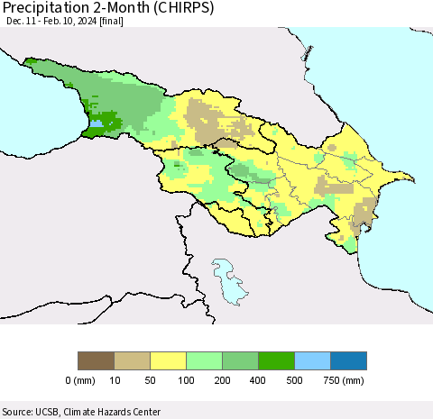 Azerbaijan, Armenia and Georgia Precipitation 2-Month (CHIRPS) Thematic Map For 12/11/2023 - 2/10/2024