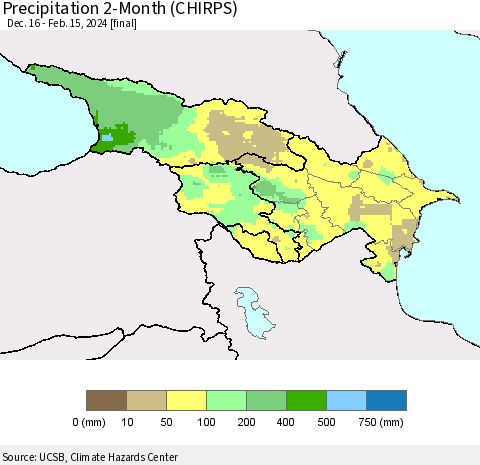 Azerbaijan, Armenia and Georgia Precipitation 2-Month (CHIRPS) Thematic Map For 12/16/2023 - 2/15/2024