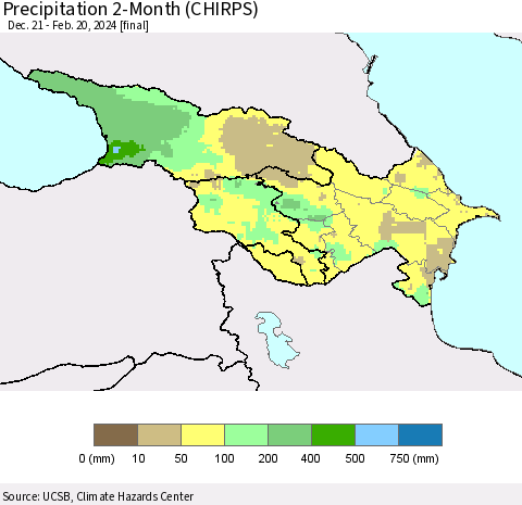 Azerbaijan, Armenia and Georgia Precipitation 2-Month (CHIRPS) Thematic Map For 12/21/2023 - 2/20/2024