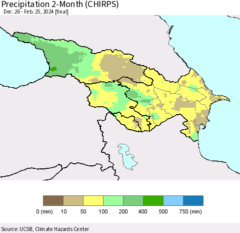 Azerbaijan, Armenia and Georgia Precipitation 2-Month (CHIRPS) Thematic Map For 12/26/2023 - 2/25/2024