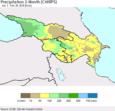 Azerbaijan, Armenia and Georgia Precipitation 2-Month (CHIRPS) Thematic Map For 1/1/2024 - 2/29/2024