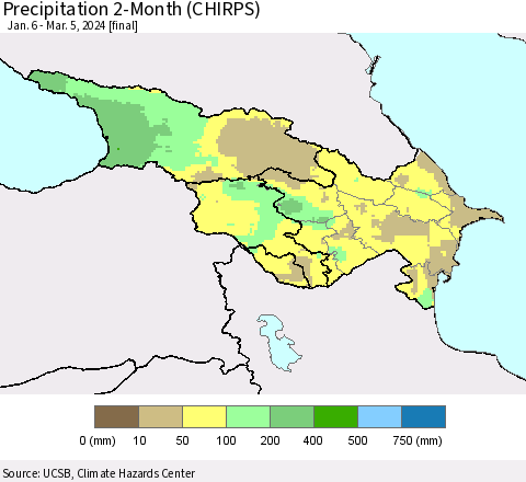 Azerbaijan, Armenia and Georgia Precipitation 2-Month (CHIRPS) Thematic Map For 1/6/2024 - 3/5/2024