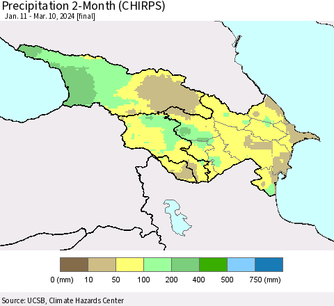 Azerbaijan, Armenia and Georgia Precipitation 2-Month (CHIRPS) Thematic Map For 1/11/2024 - 3/10/2024
