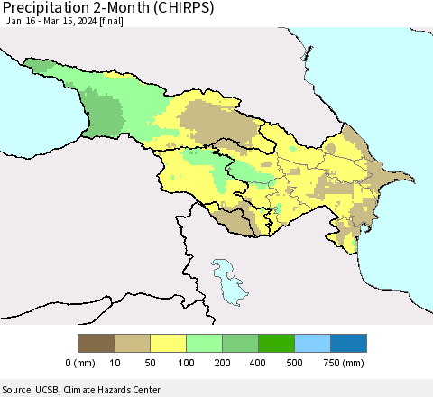Azerbaijan, Armenia and Georgia Precipitation 2-Month (CHIRPS) Thematic Map For 1/16/2024 - 3/15/2024