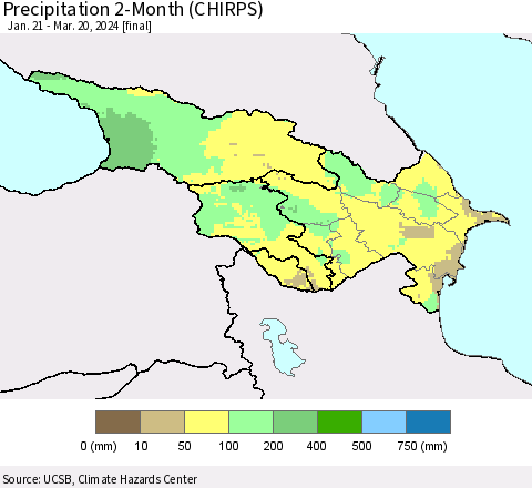 Azerbaijan, Armenia and Georgia Precipitation 2-Month (CHIRPS) Thematic Map For 1/21/2024 - 3/20/2024