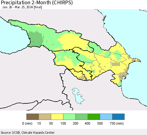 Azerbaijan, Armenia and Georgia Precipitation 2-Month (CHIRPS) Thematic Map For 1/26/2024 - 3/25/2024