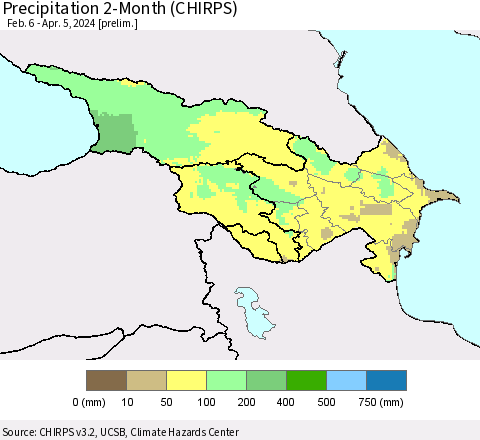 Azerbaijan, Armenia and Georgia Precipitation 2-Month (CHIRPS) Thematic Map For 2/6/2024 - 4/5/2024