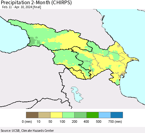 Azerbaijan, Armenia and Georgia Precipitation 2-Month (CHIRPS) Thematic Map For 2/11/2024 - 4/10/2024
