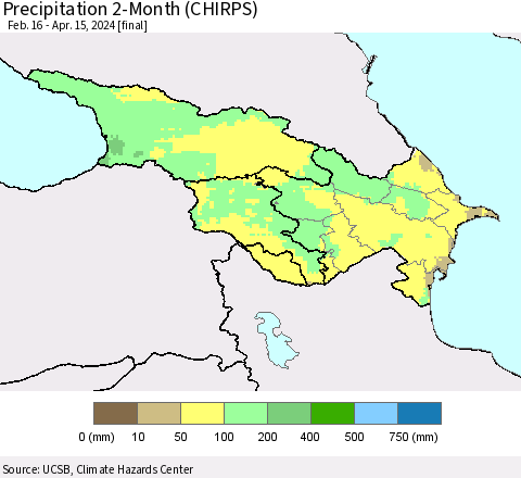 Azerbaijan, Armenia and Georgia Precipitation 2-Month (CHIRPS) Thematic Map For 2/16/2024 - 4/15/2024