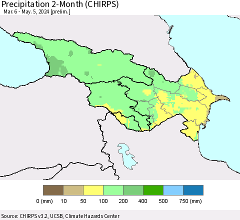 Azerbaijan, Armenia and Georgia Precipitation 2-Month (CHIRPS) Thematic Map For 3/6/2024 - 5/5/2024
