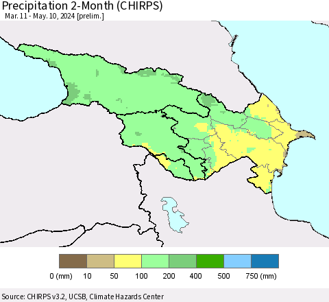 Azerbaijan, Armenia and Georgia Precipitation 2-Month (CHIRPS) Thematic Map For 3/11/2024 - 5/10/2024
