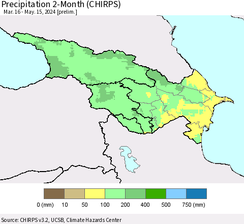 Azerbaijan, Armenia and Georgia Precipitation 2-Month (CHIRPS) Thematic Map For 3/16/2024 - 5/15/2024