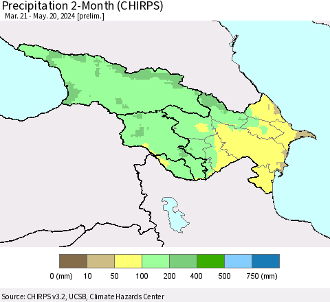 Azerbaijan, Armenia and Georgia Precipitation 2-Month (CHIRPS) Thematic Map For 3/21/2024 - 5/20/2024