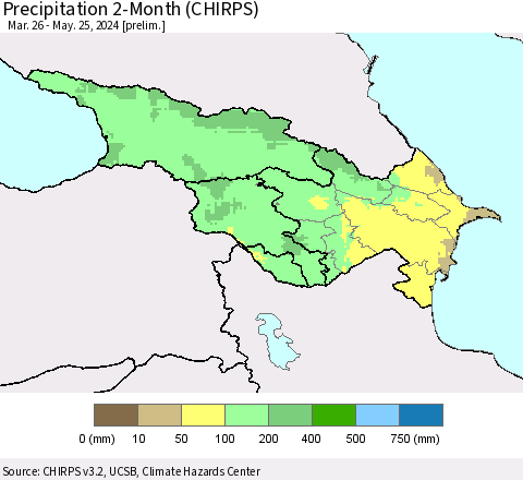 Azerbaijan, Armenia and Georgia Precipitation 2-Month (CHIRPS) Thematic Map For 3/26/2024 - 5/25/2024