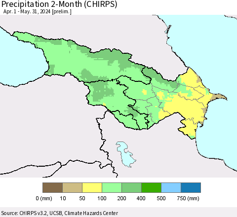 Azerbaijan, Armenia and Georgia Precipitation 2-Month (CHIRPS) Thematic Map For 4/1/2024 - 5/31/2024