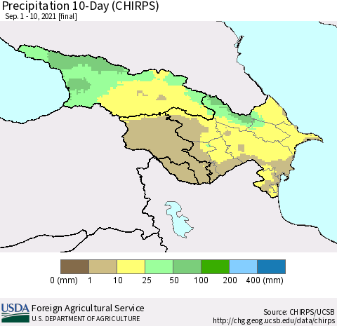 Azerbaijan, Armenia and Georgia Precipitation 10-Day (CHIRPS) Thematic Map For 9/1/2021 - 9/10/2021