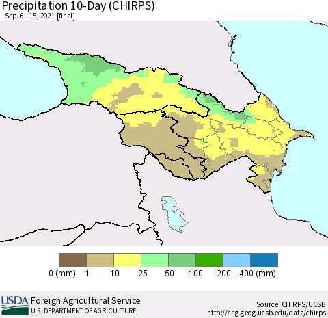 Azerbaijan, Armenia and Georgia Precipitation 10-Day (CHIRPS) Thematic Map For 9/6/2021 - 9/15/2021