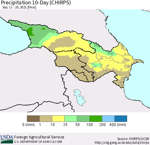 Azerbaijan, Armenia and Georgia Precipitation 10-Day (CHIRPS) Thematic Map For 9/11/2021 - 9/20/2021