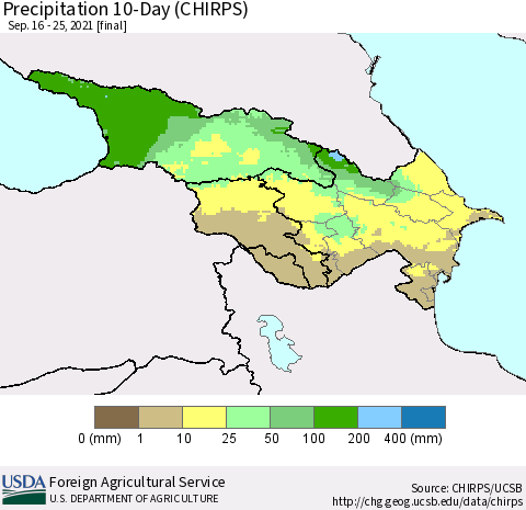 Azerbaijan, Armenia and Georgia Precipitation 10-Day (CHIRPS) Thematic Map For 9/16/2021 - 9/25/2021