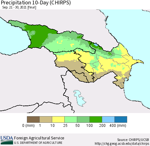 Azerbaijan, Armenia and Georgia Precipitation 10-Day (CHIRPS) Thematic Map For 9/21/2021 - 9/30/2021