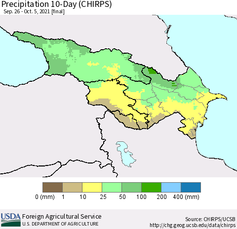 Azerbaijan, Armenia and Georgia Precipitation 10-Day (CHIRPS) Thematic Map For 9/26/2021 - 10/5/2021