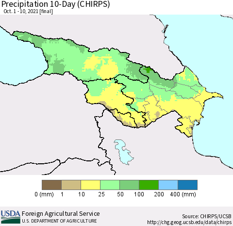 Azerbaijan, Armenia and Georgia Precipitation 10-Day (CHIRPS) Thematic Map For 10/1/2021 - 10/10/2021