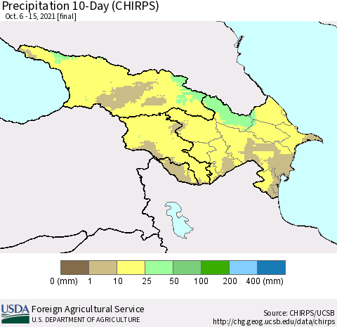 Azerbaijan, Armenia and Georgia Precipitation 10-Day (CHIRPS) Thematic Map For 10/6/2021 - 10/15/2021