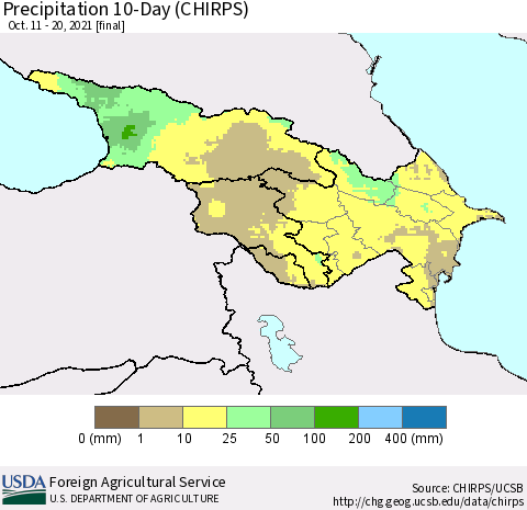 Azerbaijan, Armenia and Georgia Precipitation 10-Day (CHIRPS) Thematic Map For 10/11/2021 - 10/20/2021