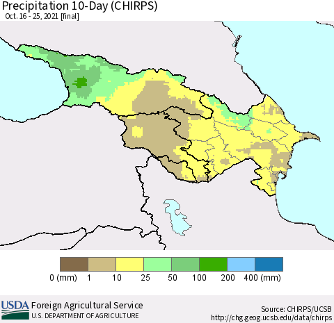 Azerbaijan, Armenia and Georgia Precipitation 10-Day (CHIRPS) Thematic Map For 10/16/2021 - 10/25/2021