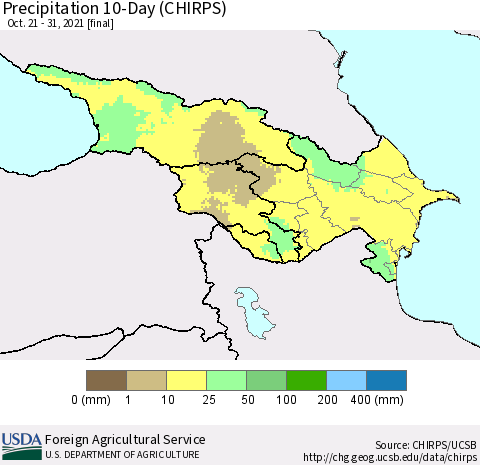 Azerbaijan, Armenia and Georgia Precipitation 10-Day (CHIRPS) Thematic Map For 10/21/2021 - 10/31/2021