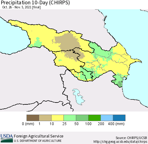 Azerbaijan, Armenia and Georgia Precipitation 10-Day (CHIRPS) Thematic Map For 10/26/2021 - 11/5/2021