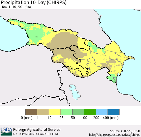 Azerbaijan, Armenia and Georgia Precipitation 10-Day (CHIRPS) Thematic Map For 11/1/2021 - 11/10/2021
