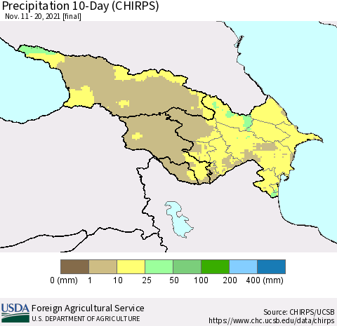 Azerbaijan, Armenia and Georgia Precipitation 10-Day (CHIRPS) Thematic Map For 11/11/2021 - 11/20/2021