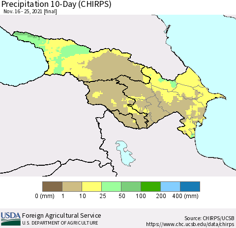 Azerbaijan, Armenia and Georgia Precipitation 10-Day (CHIRPS) Thematic Map For 11/16/2021 - 11/25/2021