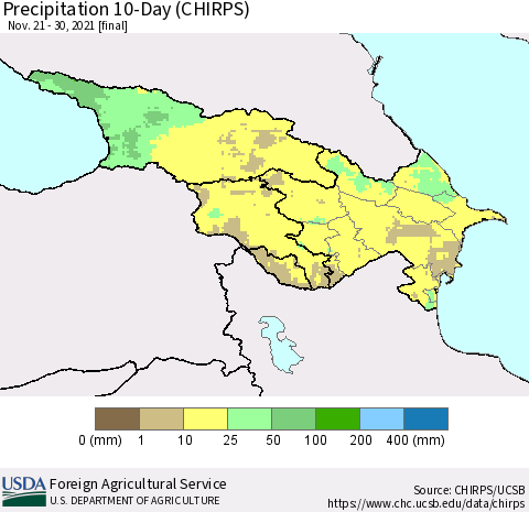 Azerbaijan, Armenia and Georgia Precipitation 10-Day (CHIRPS) Thematic Map For 11/21/2021 - 11/30/2021