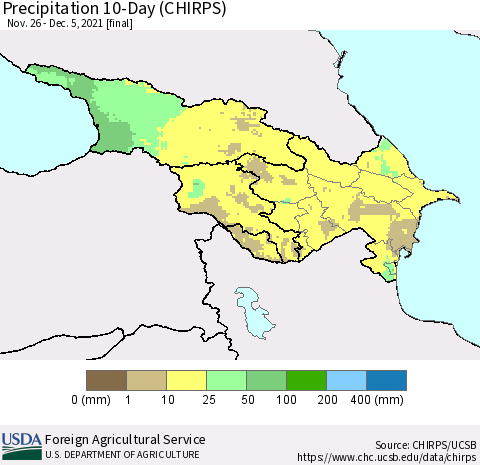 Azerbaijan, Armenia and Georgia Precipitation 10-Day (CHIRPS) Thematic Map For 11/26/2021 - 12/5/2021
