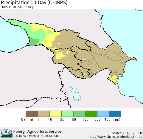 Azerbaijan, Armenia and Georgia Precipitation 10-Day (CHIRPS) Thematic Map For 12/1/2021 - 12/10/2021