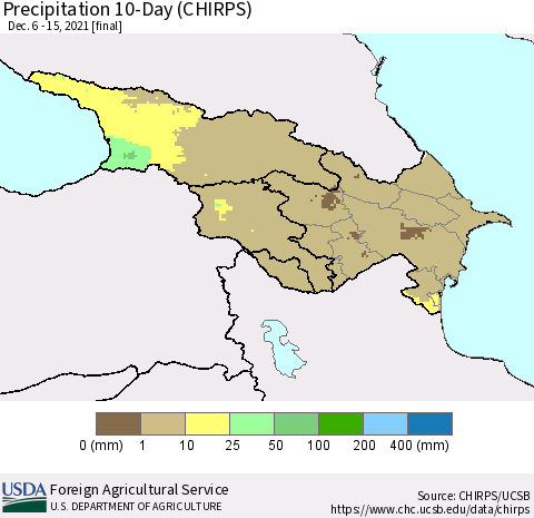 Azerbaijan, Armenia and Georgia Precipitation 10-Day (CHIRPS) Thematic Map For 12/6/2021 - 12/15/2021