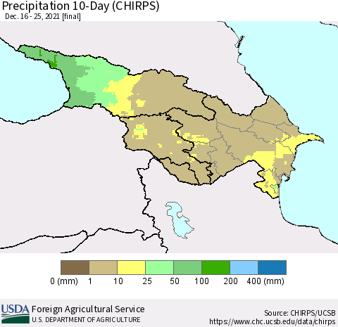 Azerbaijan, Armenia and Georgia Precipitation 10-Day (CHIRPS) Thematic Map For 12/16/2021 - 12/25/2021