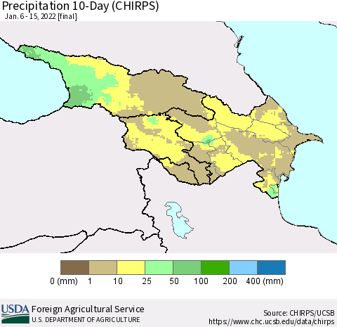 Azerbaijan, Armenia and Georgia Precipitation 10-Day (CHIRPS) Thematic Map For 1/6/2022 - 1/15/2022