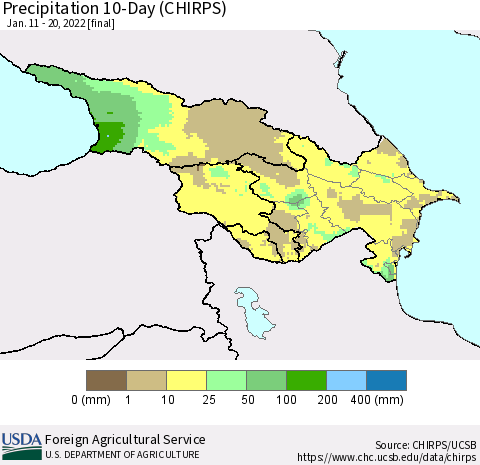 Azerbaijan, Armenia and Georgia Precipitation 10-Day (CHIRPS) Thematic Map For 1/11/2022 - 1/20/2022