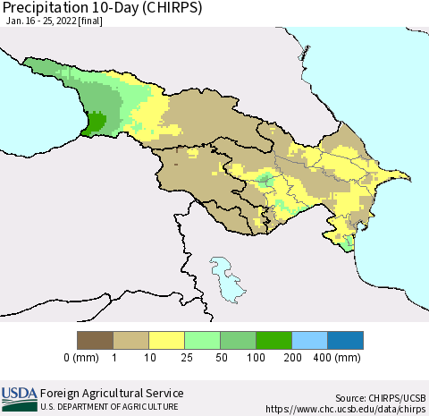 Azerbaijan, Armenia and Georgia Precipitation 10-Day (CHIRPS) Thematic Map For 1/16/2022 - 1/25/2022