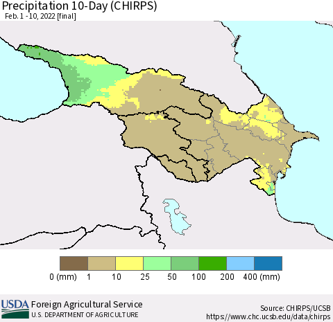 Azerbaijan, Armenia and Georgia Precipitation 10-Day (CHIRPS) Thematic Map For 2/1/2022 - 2/10/2022