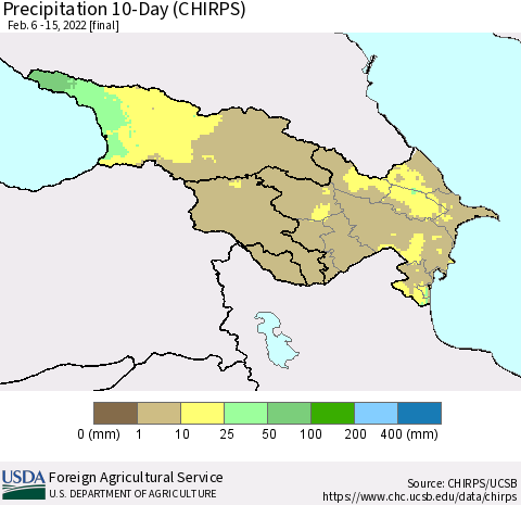 Azerbaijan, Armenia and Georgia Precipitation 10-Day (CHIRPS) Thematic Map For 2/6/2022 - 2/15/2022