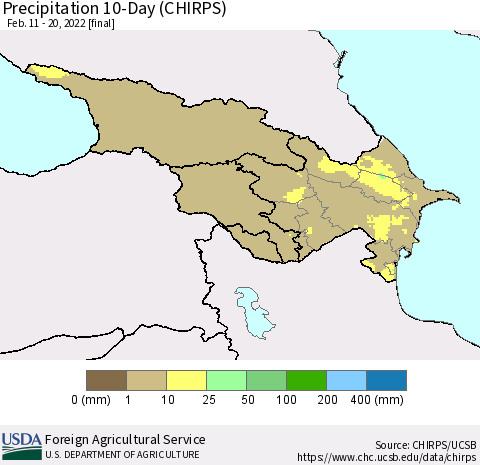 Azerbaijan, Armenia and Georgia Precipitation 10-Day (CHIRPS) Thematic Map For 2/11/2022 - 2/20/2022
