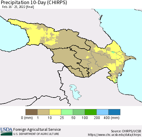 Azerbaijan, Armenia and Georgia Precipitation 10-Day (CHIRPS) Thematic Map For 2/16/2022 - 2/25/2022