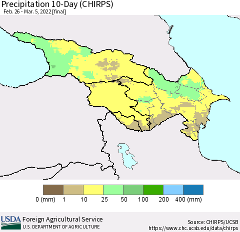 Azerbaijan, Armenia and Georgia Precipitation 10-Day (CHIRPS) Thematic Map For 2/26/2022 - 3/5/2022