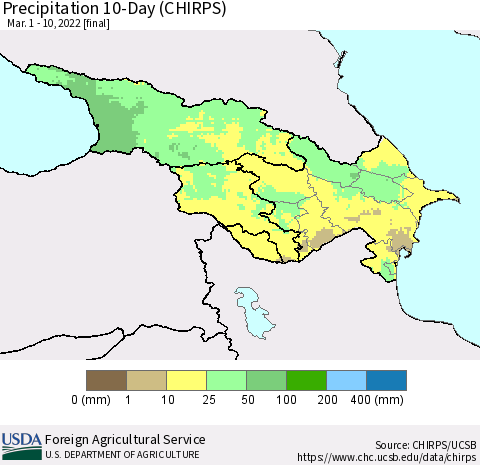 Azerbaijan, Armenia and Georgia Precipitation 10-Day (CHIRPS) Thematic Map For 3/1/2022 - 3/10/2022