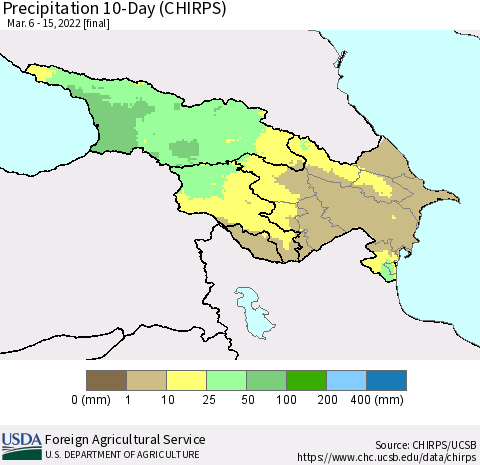 Azerbaijan, Armenia and Georgia Precipitation 10-Day (CHIRPS) Thematic Map For 3/6/2022 - 3/15/2022